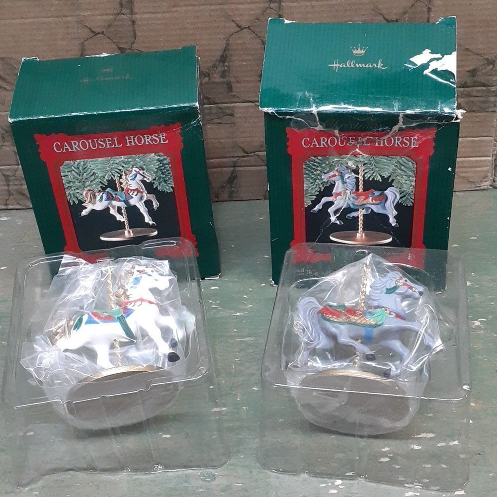 Bundle of 2 1989 Hallmark carousel horse-‎ "Snow" & "Holly" ornaments